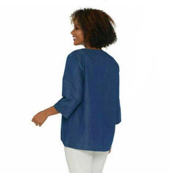 Martha Stewart denim gold side zip blouse - Picture 2 of 5